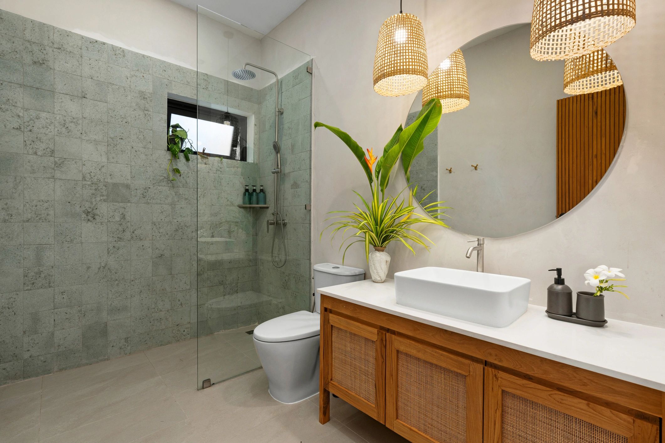 Bathroom with shower and wood vanity for Hawaii home renovation inspiration