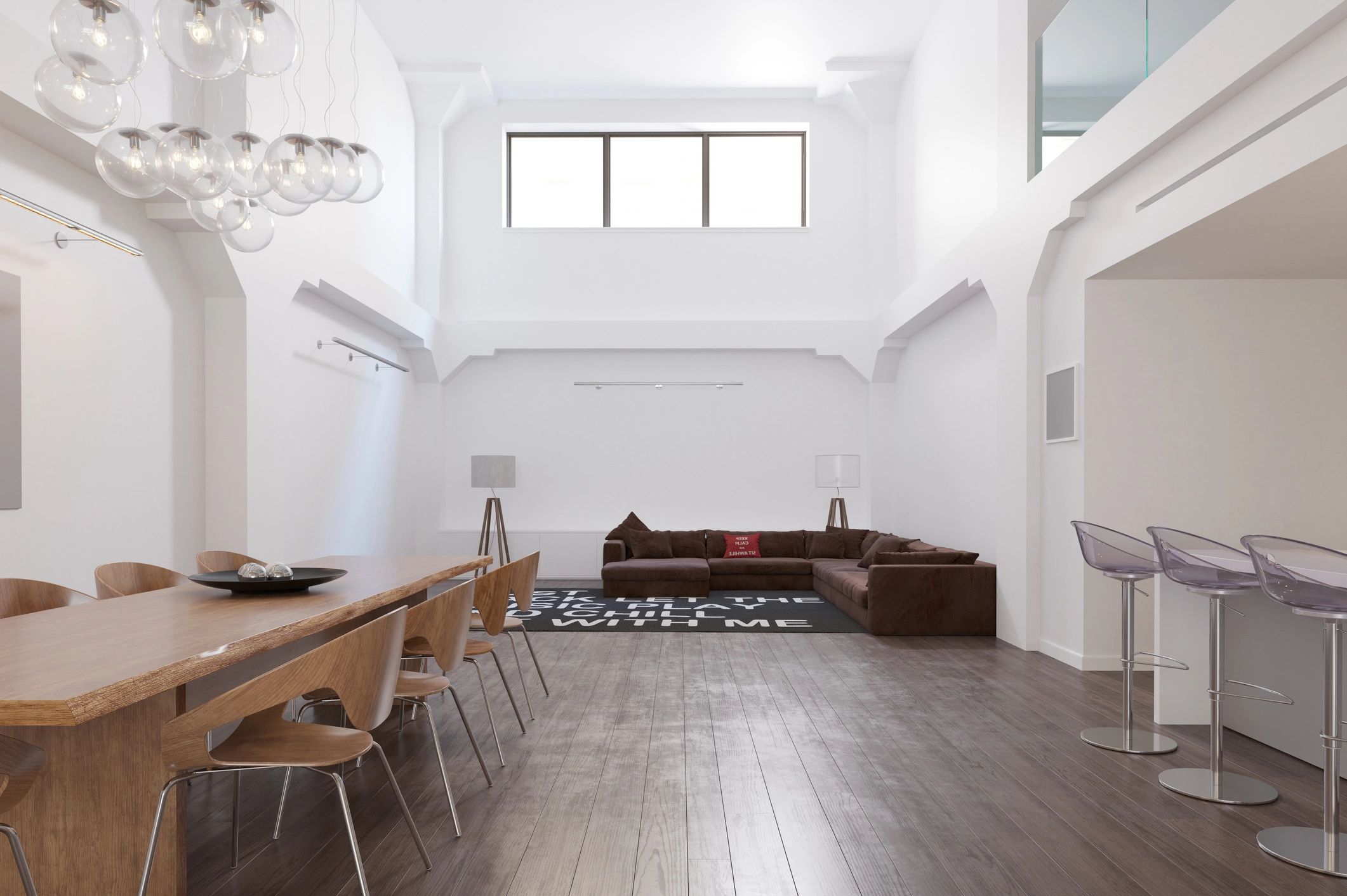 Modern loft interior with dark wood floors in a Hawaii renovation