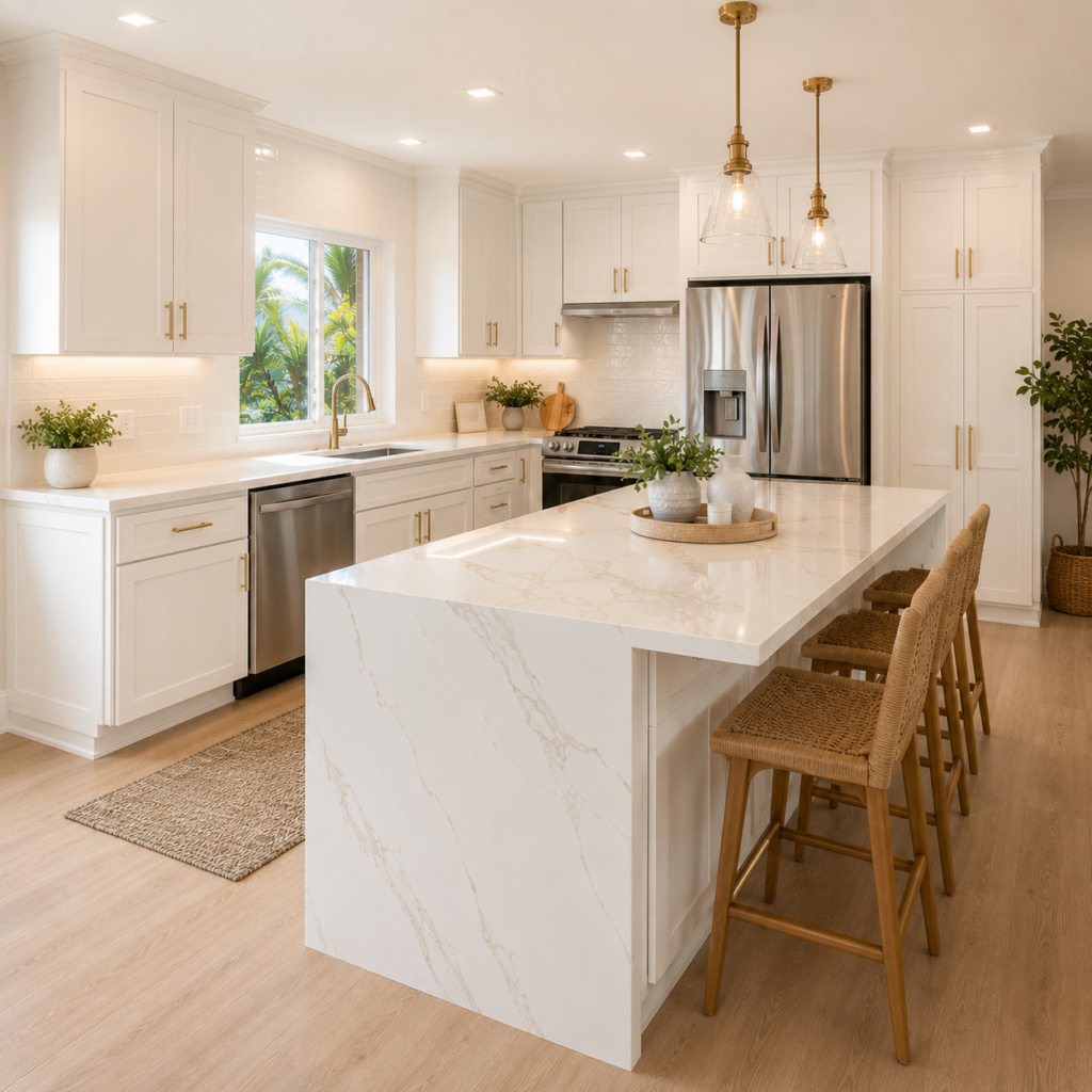 White shaker kitchen cabinets with a bright, clean cabinet design