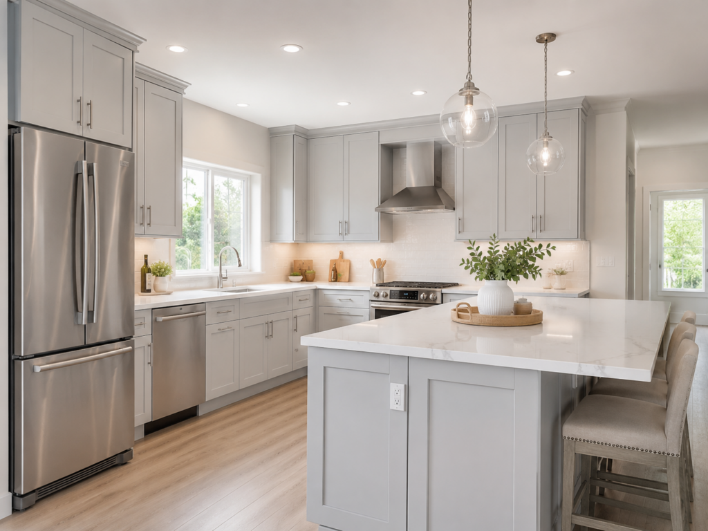 Light wood shaker kitchen cabinets with white countertop and warm modern styling