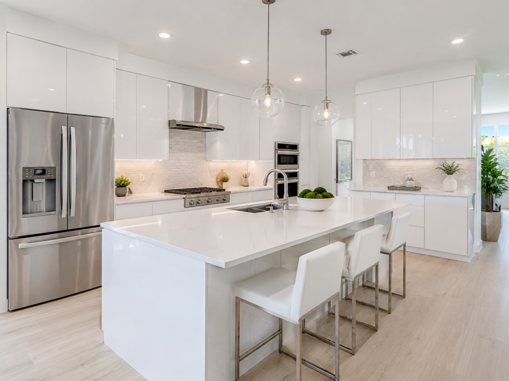 Modern kitchen interior with warm wood cabinetry and a large island