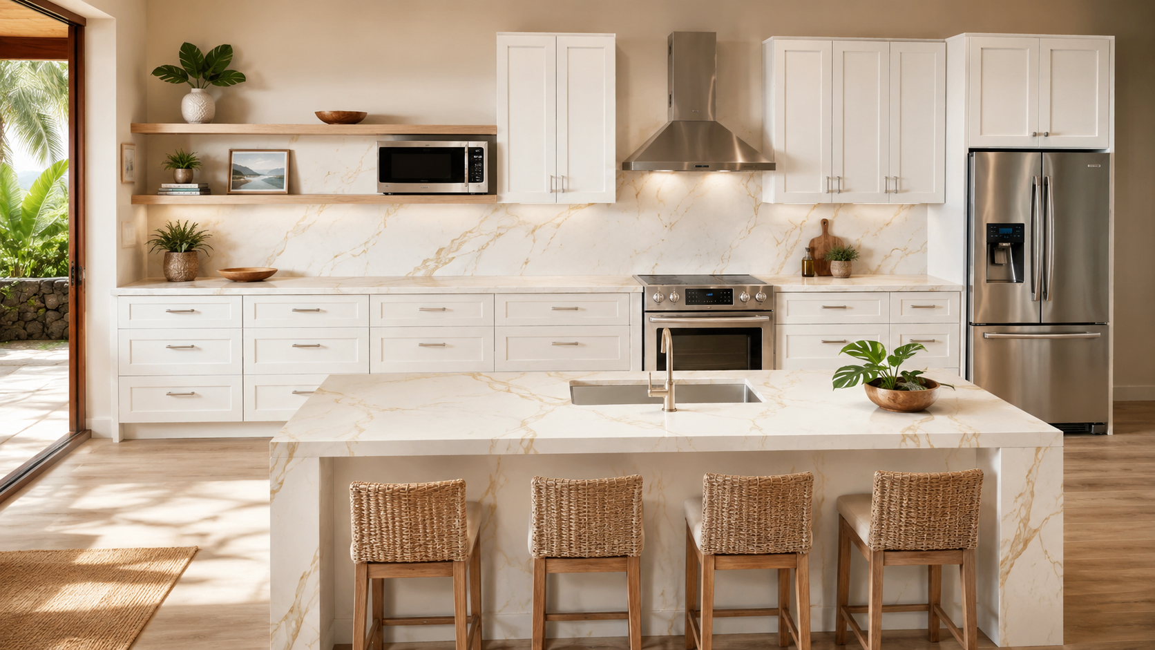 Modern kitchen with warm wood cabinetry and island seating
